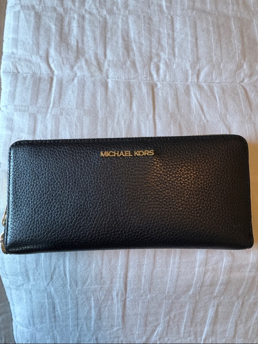 Michael Kors Black Leather Zip-Around Wristlet Wallet with Gold Hardware